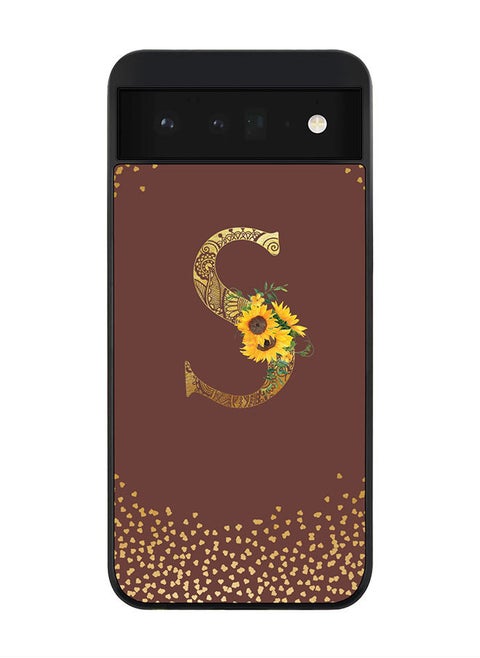 Rugged Black edge case for Google Pixel 6 5G Slim fit Soft Case Flexible Rubber Edges Anti Drop TPU Gel Thin Cover - Custom Monogram Initial Letter Floral Pattern Alphabet - S (Brown )