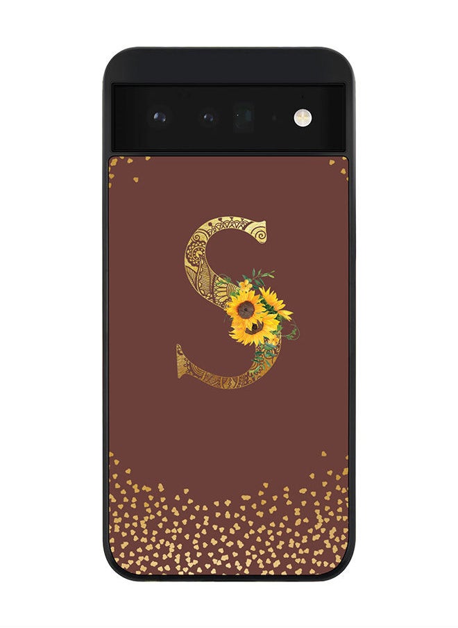 Rugged Black edge case for Google Pixel 6 5G Slim fit Soft Case Flexible Rubber Edges Anti Drop TPU Gel Thin Cover - Custom Monogram Initial Letter Floral Pattern Alphabet - S (Brown )