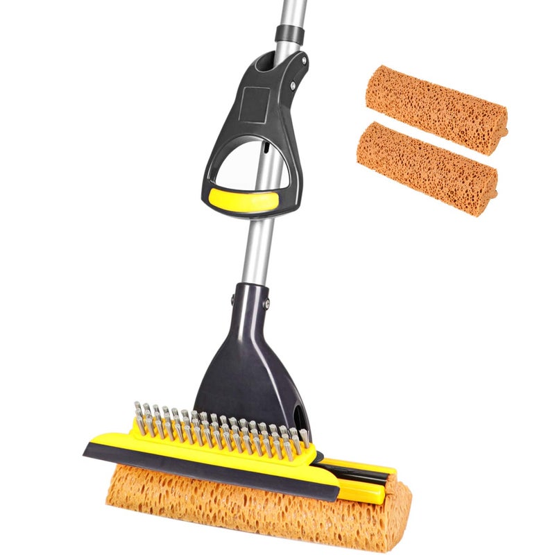 Yocada Sponge Mop Home Commercial Use Tile Floor Bathroom Garage Cleaning Total 2 Sponge Heads NOT 3 Telescopic Handle Squeegee from 425 to 52 Inches Easily Dry Wringing only 2 Heads