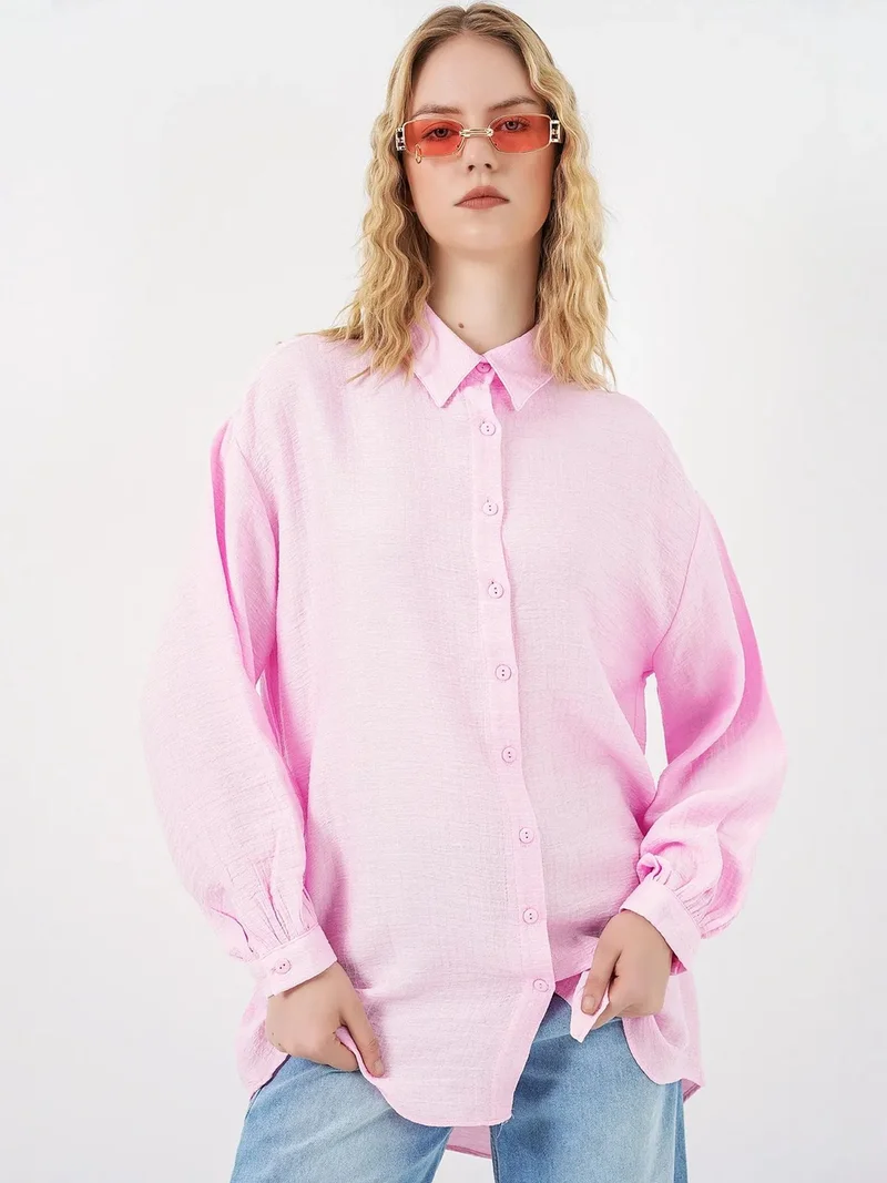 Big Dart Carnation Pink BDART Oversized Textured Long Blouse with Shirt Collar for Women | Best Price UAE