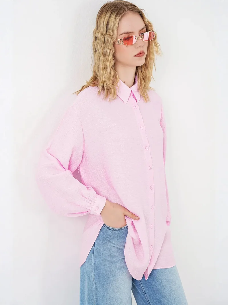 Big Dart Carnation Pink BDART Oversized Textured Long Blouse with Shirt Collar for Women | Best Price UAE