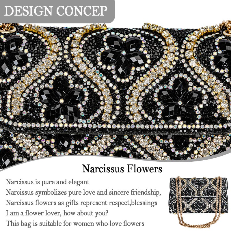 BBTT.ful Flower Evening Handbags Chain Strap Square Shoulder Bag Crossbody Bag Crystals Rhinestone Clutch Purse (black) - Image 3