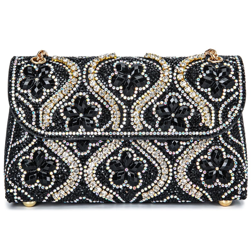 BBTT.ful Flower Evening Handbags Chain Strap Square Shoulder Bag Crossbody Bag Crystals Rhinestone Clutch Purse (black) - Image 1
