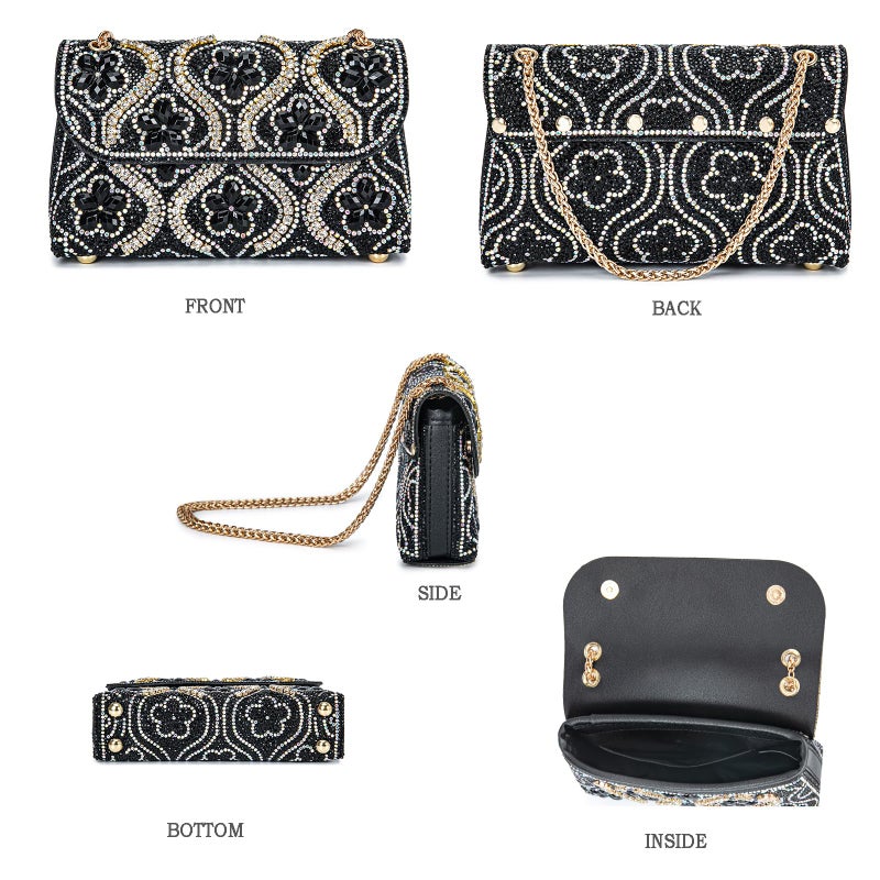 BBTT.ful Flower Evening Handbags Chain Strap Square Shoulder Bag Crossbody Bag Crystals Rhinestone Clutch Purse (black) - Image 4