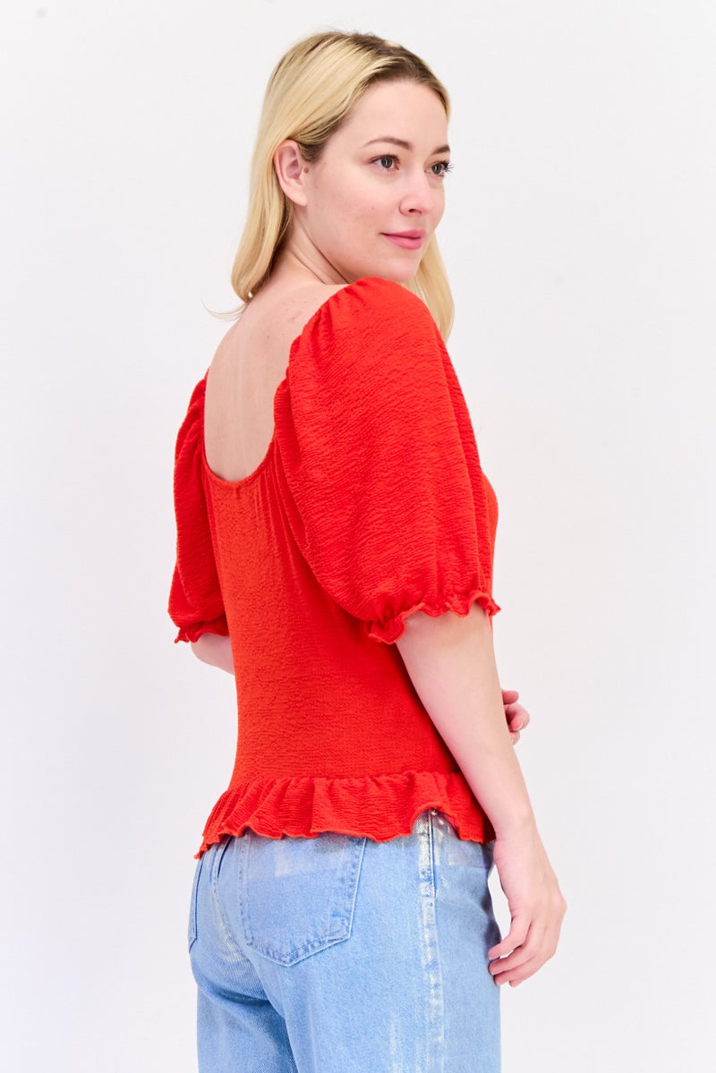 ONLY Women Scoop Neck Short Sleeves Textured Top, Red  - Image 4