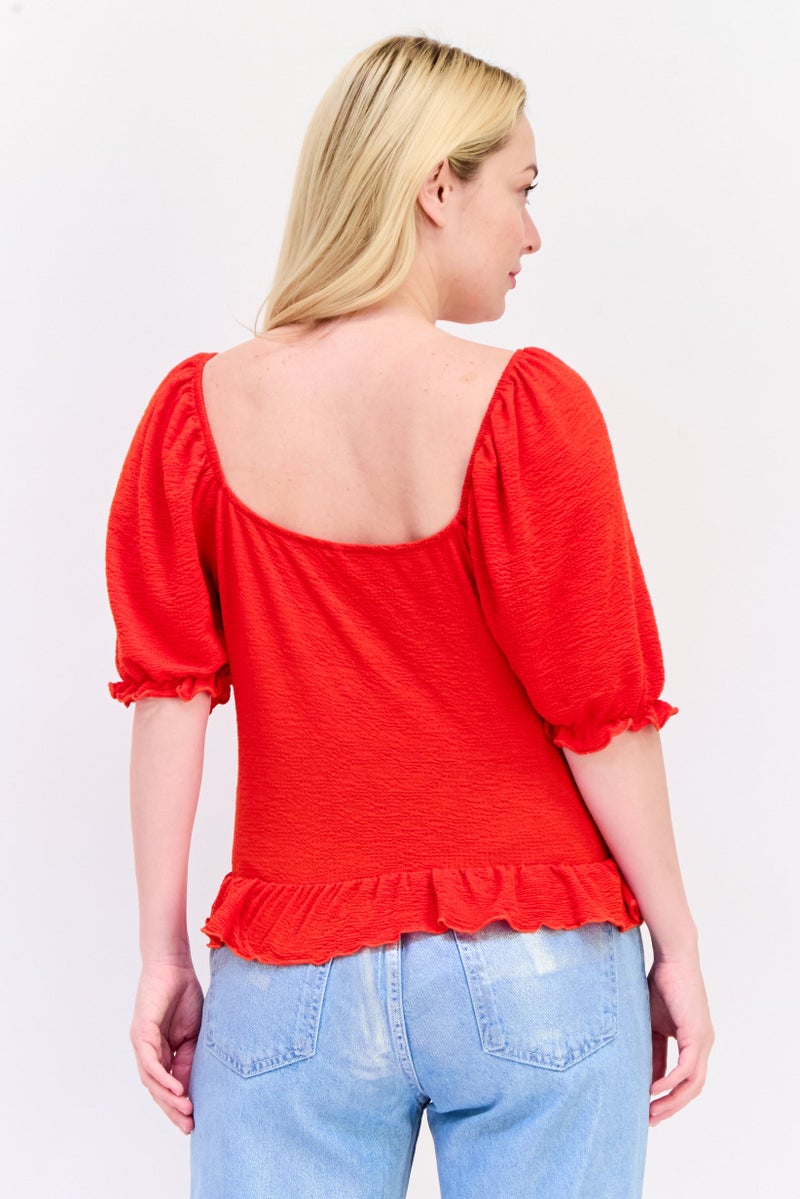ONLY Women Scoop Neck Short Sleeves Textured Top, Red  - Image 2
