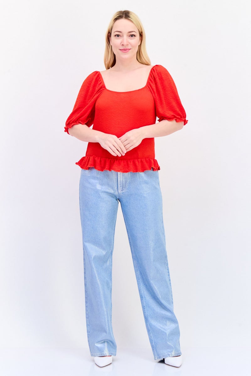 ONLY Women Scoop Neck Short Sleeves Textured Top, Red  - Image 3