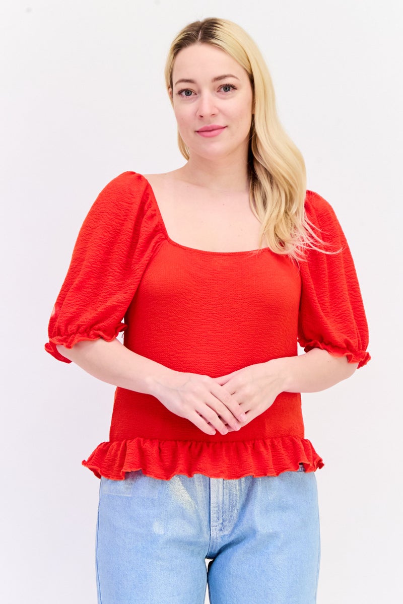 ONLY Women Scoop Neck Short Sleeves Textured Top, Red  - Image 1