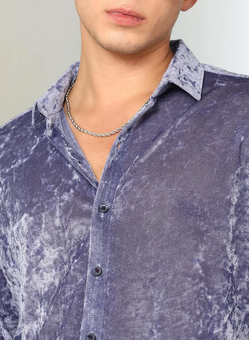 Campus Sutra Men's Cornflower Blue Solid Velvet Shirt | Velvet Textured Full Sleeve Spread Collar Solid Design | Premium Polyester Blend Woven Fabric For Club Wear & Semi-Formal Occasions