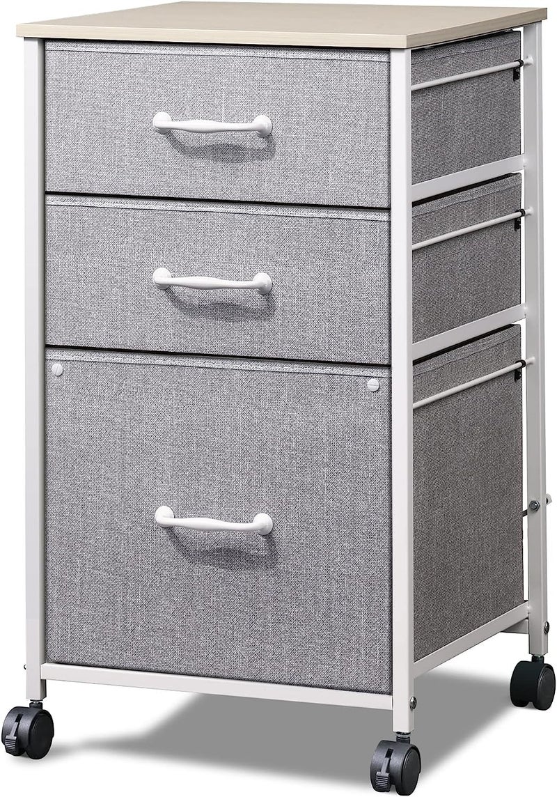 DEVAISE Mobile File Cabinet Rolling Printer Stand with 3 Drawers Fabric Vertical Filing Cabinet fits A4 or Letter Size for Home Office Light Grey