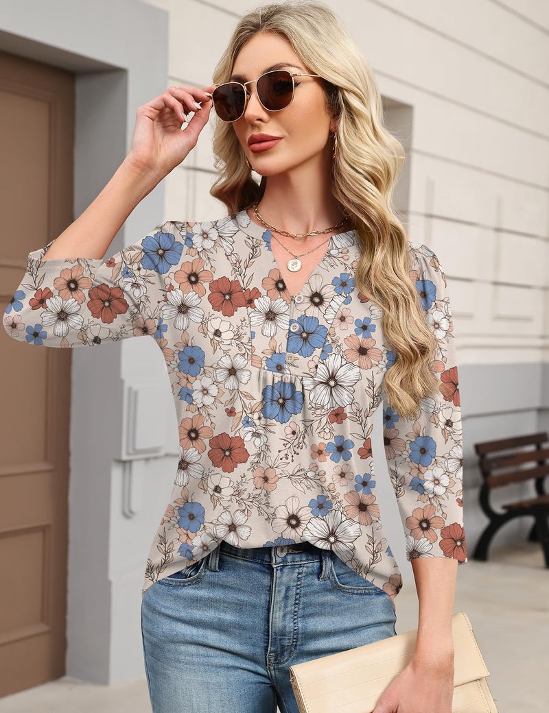 IECCP Blouses for Women Dressy Casual 3/4 Length Sleeve Womens Tops Pleated Business V Neck Pleated Work Tunics Puff Sleeve Shirts (Grey Pattern,XL) - Image 4
