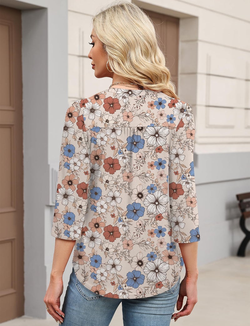 IECCP Blouses for Women Dressy Casual 3/4 Length Sleeve Womens Tops Pleated Business V Neck Pleated Work Tunics Puff Sleeve Shirts (Grey Pattern,XL) - Image 5
