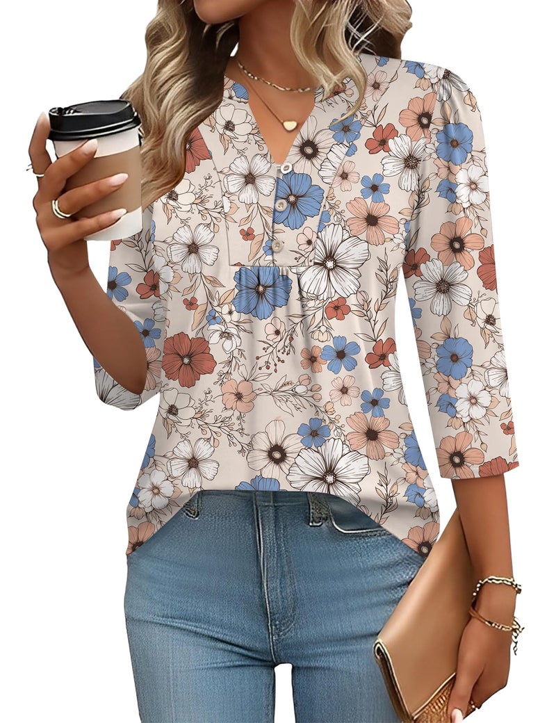 IECCP Blouses for Women Dressy Casual 3/4 Length Sleeve Womens Tops Pleated Business V Neck Pleated Work Tunics Puff Sleeve Shirts (Grey Pattern,XL) - Image 1