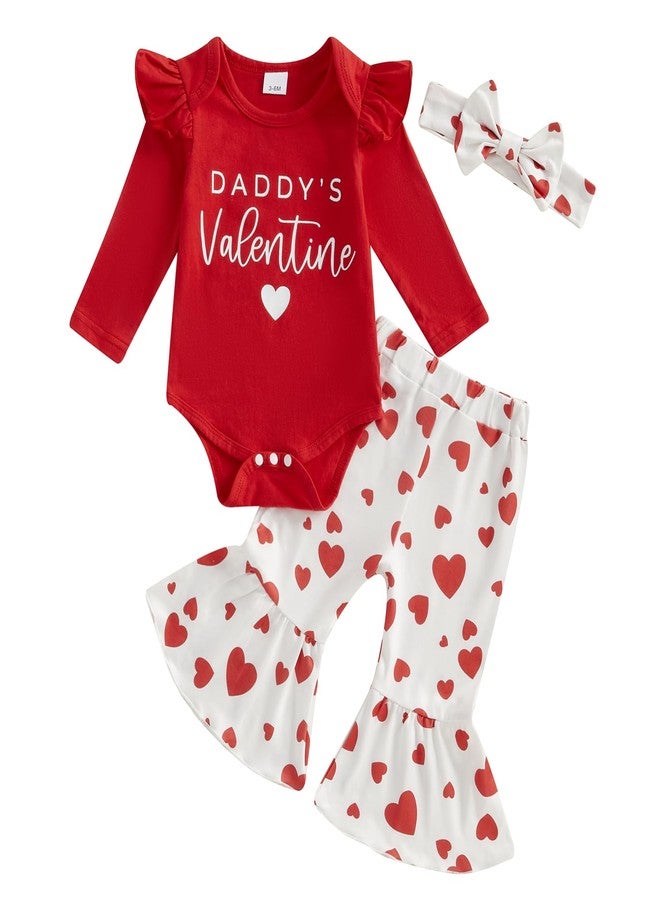 wybzd Newborn Baby Girl Valentine Day Outfit Infant Ruffle Romper Daddys Valentines Top Bell-Bottom Pants Sets Daddys Valentinie 0-3 Months - Image 1