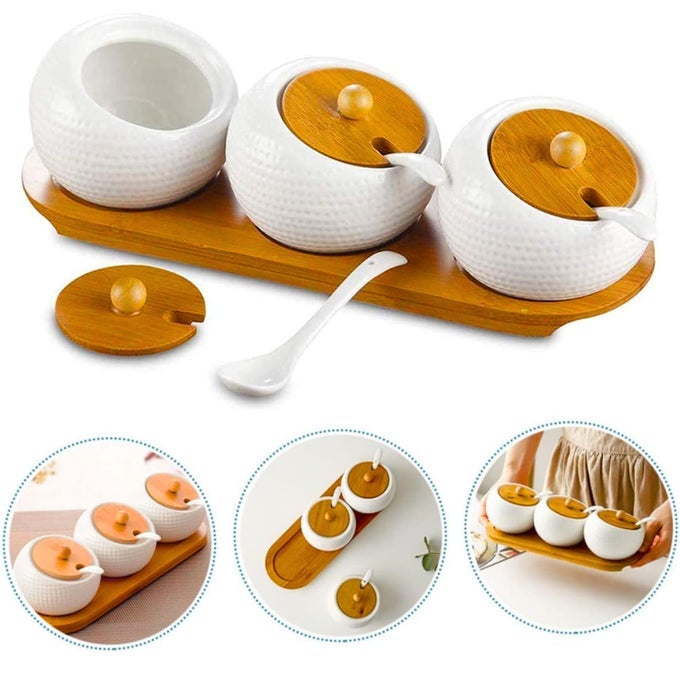 PORCELAIN CONDIMENT CERAMIC PICKLE JAR SPICE CONTAINER SET WITH LIDS BAMBOO CAP HOLDER SPOT WOODEN CAP HOLDER TRAY WITH CERAMIC SERVING SPOON SET OF 3 JAR