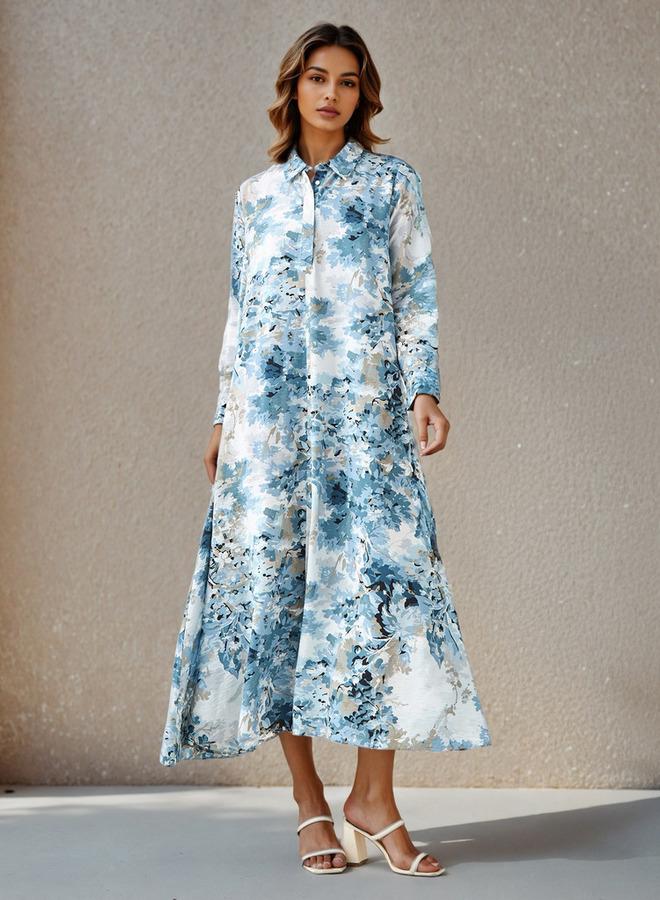 ايكونيك فستان قميص نسائي بطبعة زهور أيقونية مع ياقة - Image 1