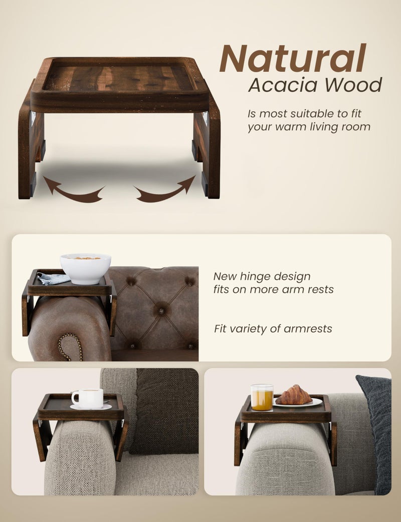 HOLANA Acacia Couch Armrest Table with 360Â° Rotating Phone Holder, Wooden Couch Tray â€“ Sofa Side Table, Armchair Caddy for Home Sofa Living Room (Walnut, 13.75" D x 9.5" W x 2" H) - Image 2