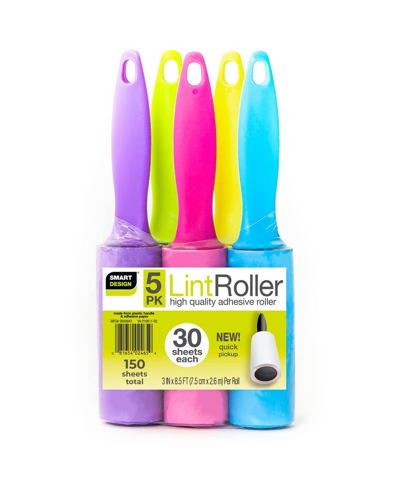 Smart Design Mini Lint Rollers Set of 5 150 Sheets Total EasytoUse Lint Roller for Pet Hair Removal Cleaning Floors Carpet Cars Other Debris