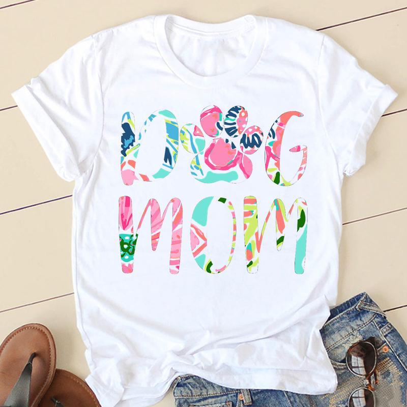 Dog Mom Personality Pattern Round Neck Printed White T-Shirt Short Sleeve Women'S Wish/ - Image 5