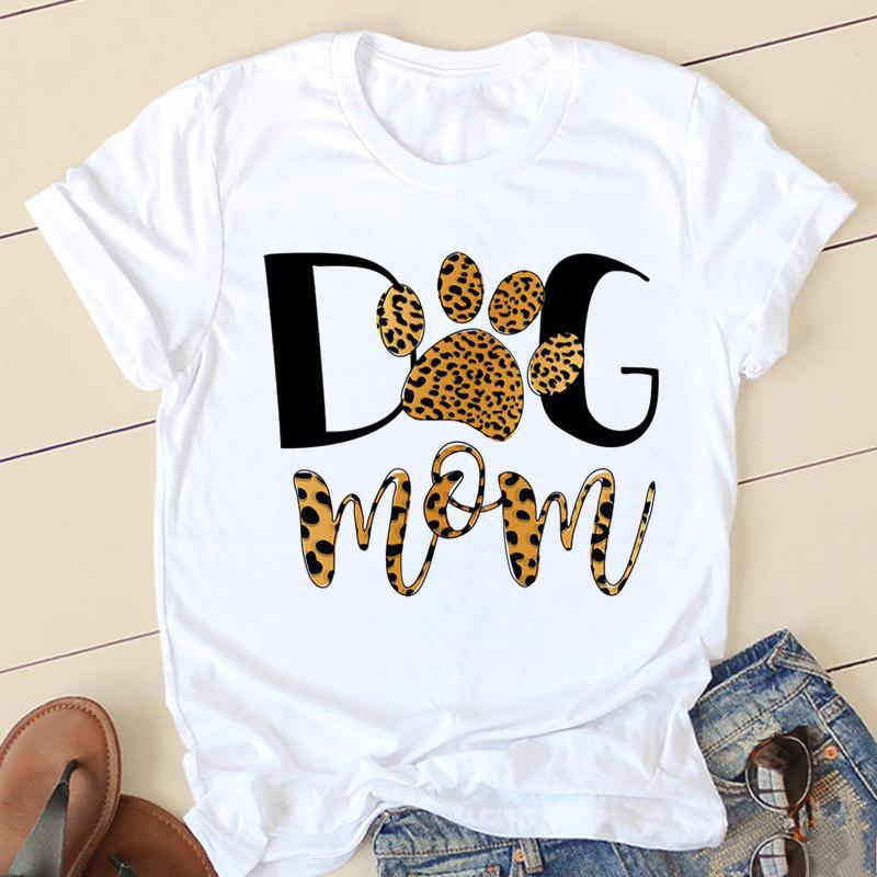 Dog Mom Personality Pattern Round Neck Printed White T-Shirt Short Sleeve Women'S Wish/ - Image 4