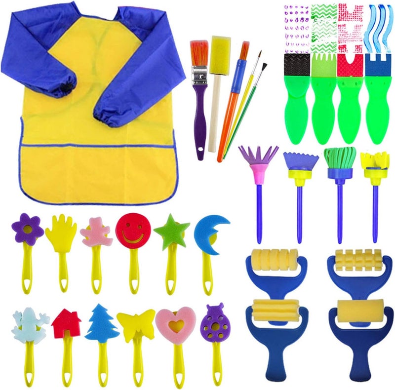 EVNEED Paint Sponges for Kids,29 pcs of Fun Paint Brushes for Toddlers.Coming with Roller,Flower Pattern Brush, Brush Set, Long Sleeve Waterproof Apron with 3 Roomy Pockets - Image 1