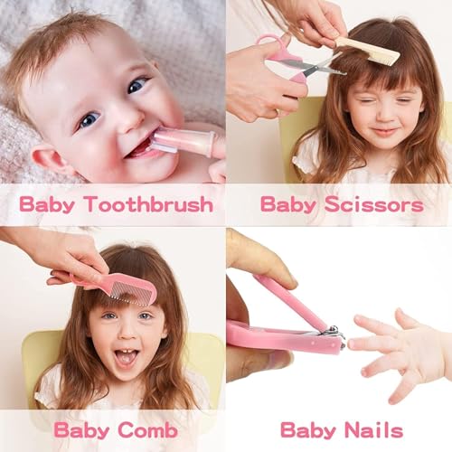 Pee n Poo 9 in 1 Baby Grooming Kit for Delicate Baby Scalp and Tiny Nails |Travel Friendly Zip case | Infant Nail Clipper |New Born Nasal Aspirator| Combs| Thermometer | Brush (Pink) - Image 3