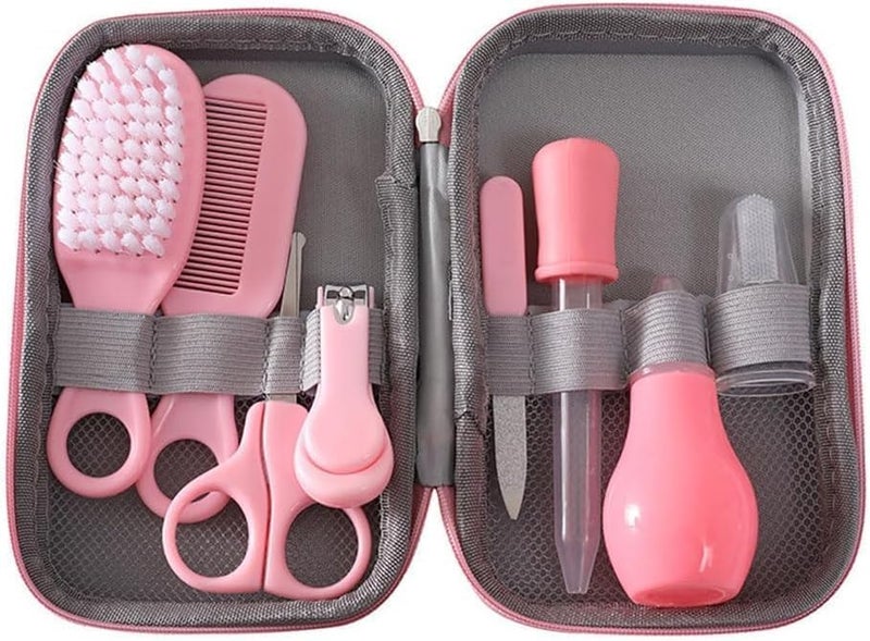 Pee n Poo 9 in 1 Baby Grooming Kit for Delicate Baby Scalp and Tiny Nails |Travel Friendly Zip case | Infant Nail Clipper |New Born Nasal Aspirator| Combs| Thermometer | Brush (Pink) - Image 1