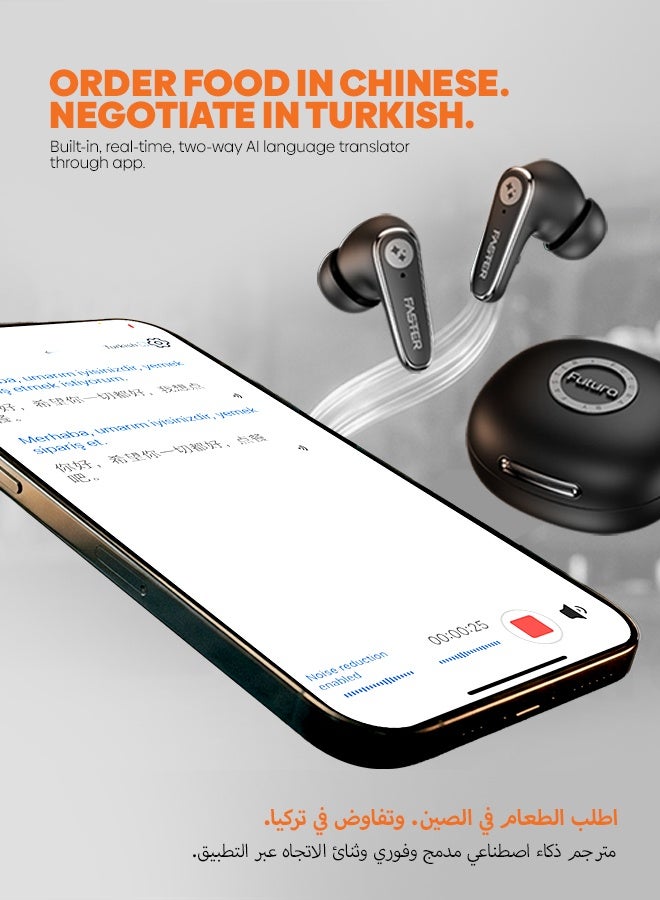 Faster Futura AI-200 Wireless AI Earbuds, Real-Time Translation, Bluetooth 6.0, 42H Playtime, 4 Mic ANC+ENC, 2 Mic TWS, AI Voice Assistant, 100+ Language Translator, 3EQ, 48ms Low Latency (Beige) - Image 4