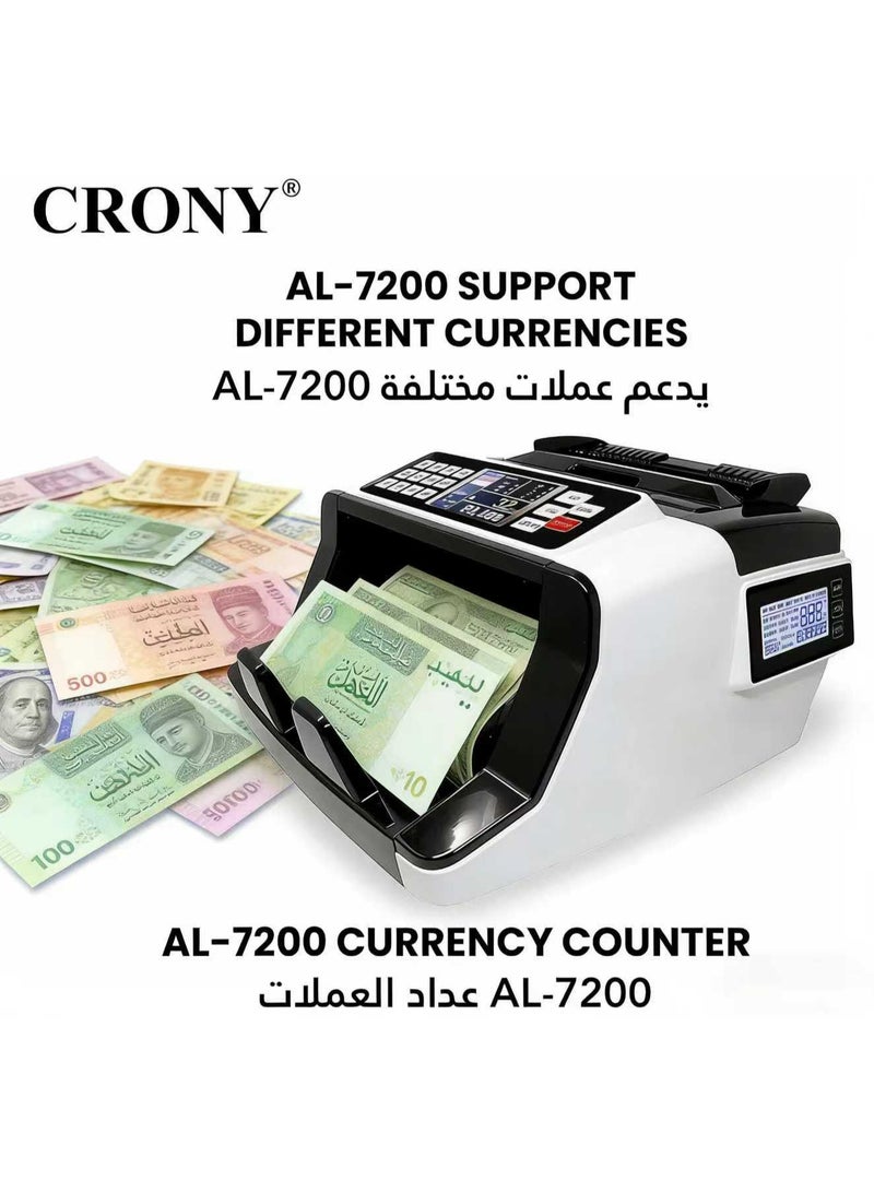كروني عداد النقود CRONY AL-7200 - عداد سريع للأوراق النقدية مزود بخاصية الكشف عن التزوير بالأشعة فوق البنفسجية والمغناطيسية، 1000 ورقة نقدية/دقيقة، وظيفة التجميع والإضافة، شاشة عرض مزدوجة، سهل الاستخدام للمنزل أو الشركات الصغيرة - Image 3