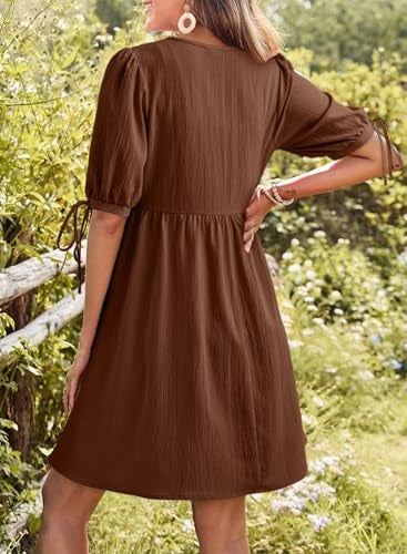 Dokotoo Chocolate Brown Summer Clothes Women's Summer Short Sleeve Tie Front Empire Waist A-Line Babydoll Loose Cute Mini Dress Coffee Medium - Image 2