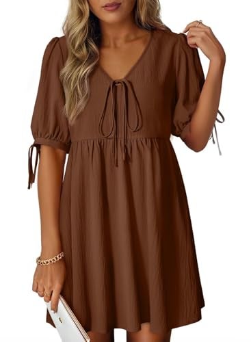 Dokotoo Chocolate Brown Summer Clothes Women's Summer Short Sleeve Tie Front Empire Waist A-Line Babydoll Loose Cute Mini Dress Coffee Medium - Image 1