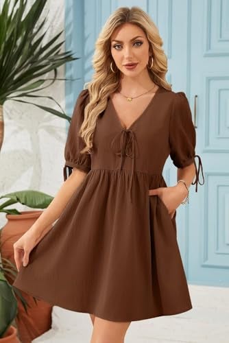 Dokotoo Chocolate Brown Summer Clothes Women's Summer Short Sleeve Tie Front Empire Waist A-Line Babydoll Loose Cute Mini Dress Coffee Medium - Image 3