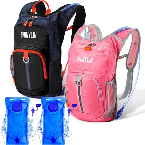 Shinylin 2 Pcs Kids Hydration Backpack with 1.5l Water Bladder Lightweight Kids Hiking Backpack Water Rucksack for Boys Girls Climbing Running(Blue, Purple) - Image 1