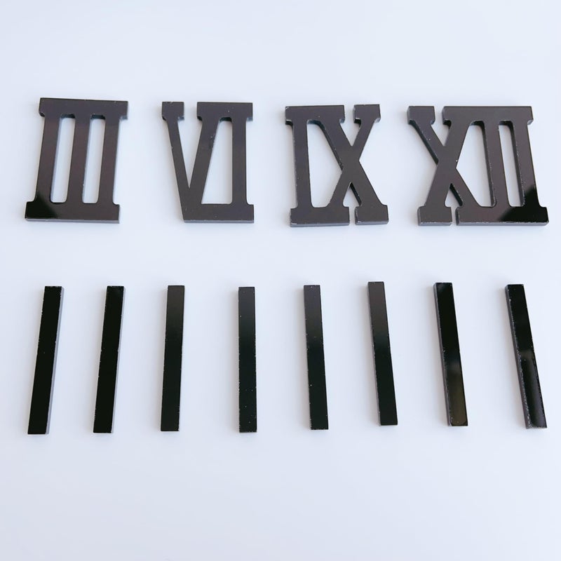 NUORUI NUO RUI 12 Pcs Roman Numerals Mirror Gold Digits and Dashes for DIY a Wall Clock (Black)  - Image 1