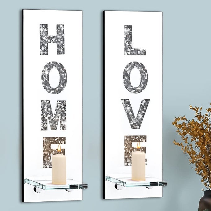 CRYSTAL CRUSH DIAMOND WALL CANDLE HOLDER SET OF 2 SILVER MIRRORED CANDLE SCONCES WALL DECOR LOVE HOME LETTER HOME DECORATION FOR LIVING ROOMDINING ROOM AND BEDROOM