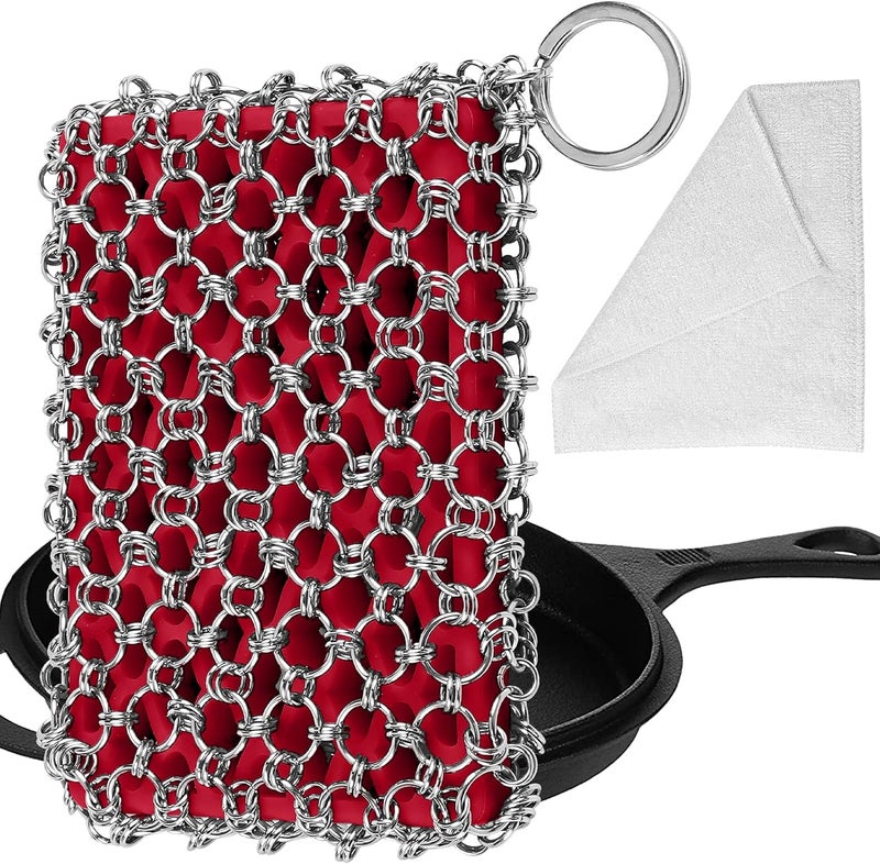 Herda 316L Cast Iron Scrubber Cleaner - Large Chain Mail Scrubber with Silicone Insert and Cleaning Cloth - Image 1