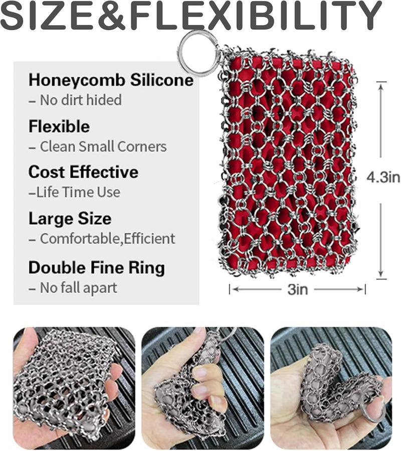 Herda 316L Cast Iron Scrubber Cleaner - Large Chain Mail Scrubber with Silicone Insert and Cleaning Cloth - Image 5