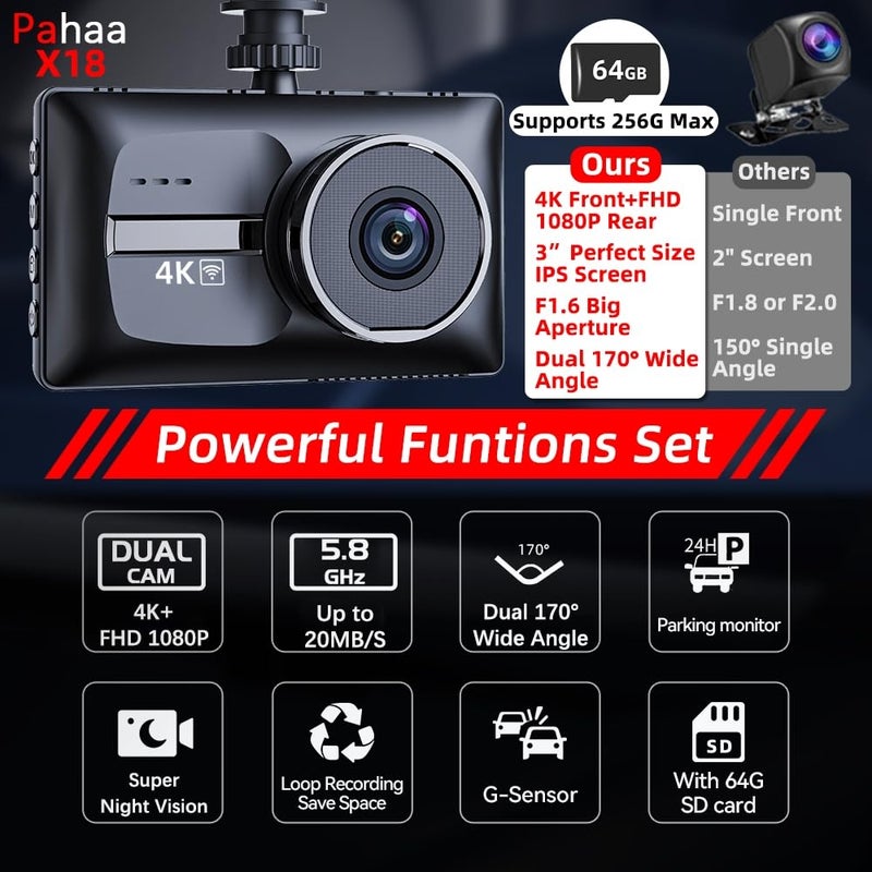 Pahaa X18 4K Dual Dash Cam Front and Rear, Free 64GB Card Support 256G Max, 5.8G WiFi - up to 20MB/s Fastest Download Speed with App, 4K 2160P/FHD Dash Camera, 3" IPS, G-Sensor,24H Parking Mode - Image 2