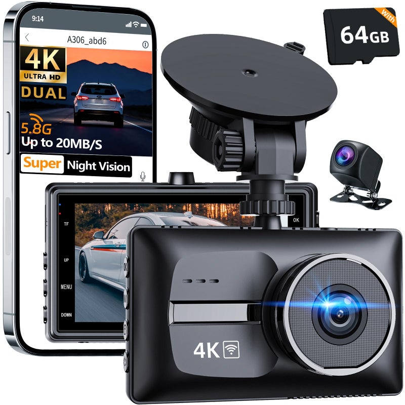 Pahaa X18 4K Dual Dash Cam Front and Rear, Free 64GB Card Support 256G Max, 5.8G WiFi - up to 20MB/s Fastest Download Speed with App, 4K 2160P/FHD Dash Camera, 3" IPS, G-Sensor,24H Parking Mode - Image 1