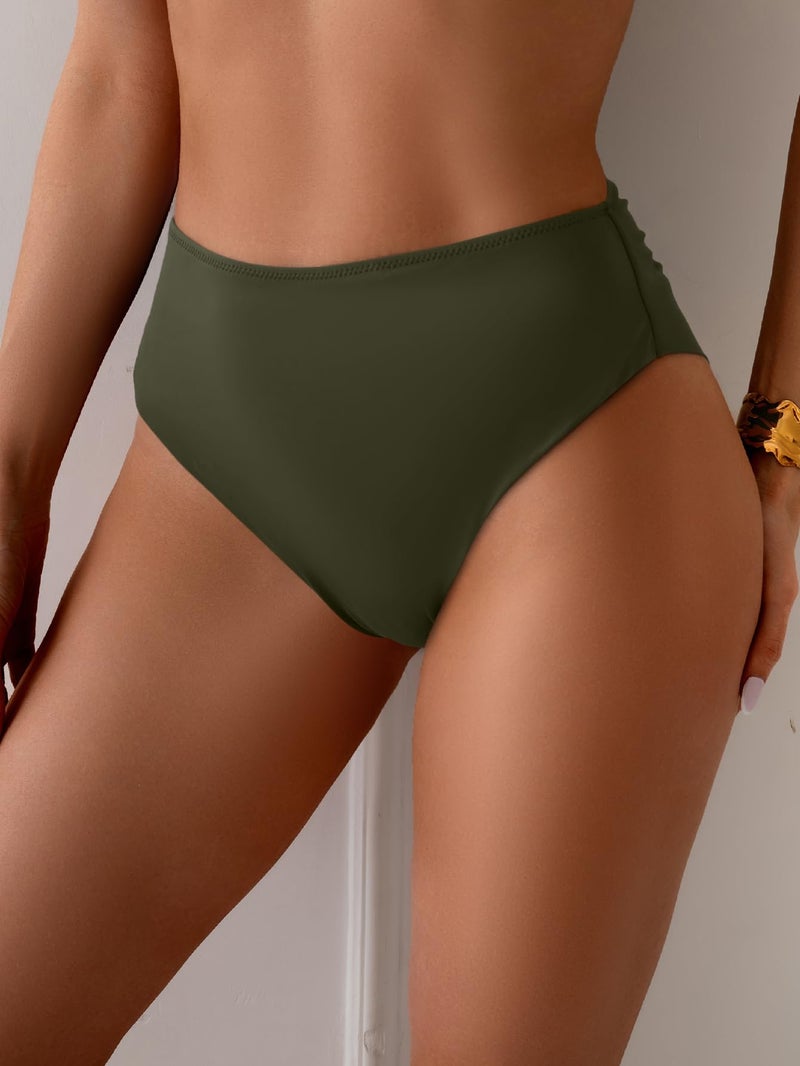 Eomenie Sexy Bikini Bottom for Women Ruched Swim Bottom Cheeky Swimsuit Mid Waisted Tankini Bottoms Only Army Green - Image 3