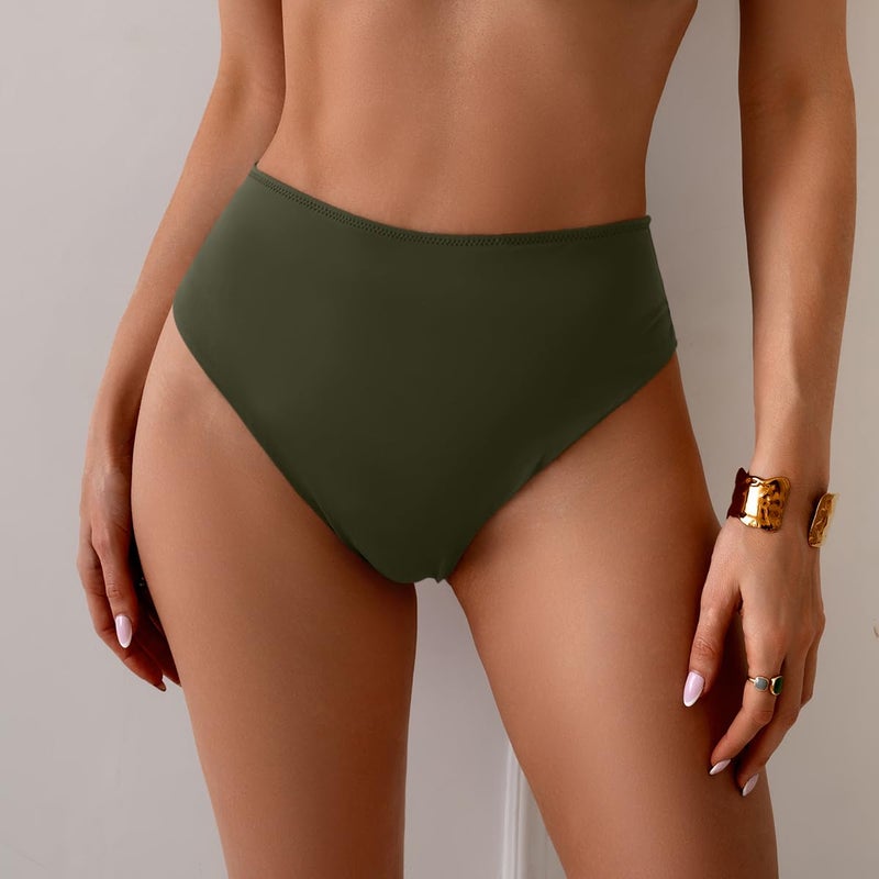Eomenie Sexy Bikini Bottom for Women Ruched Swim Bottom Cheeky Swimsuit Mid Waisted Tankini Bottoms Only Army Green - Image 2