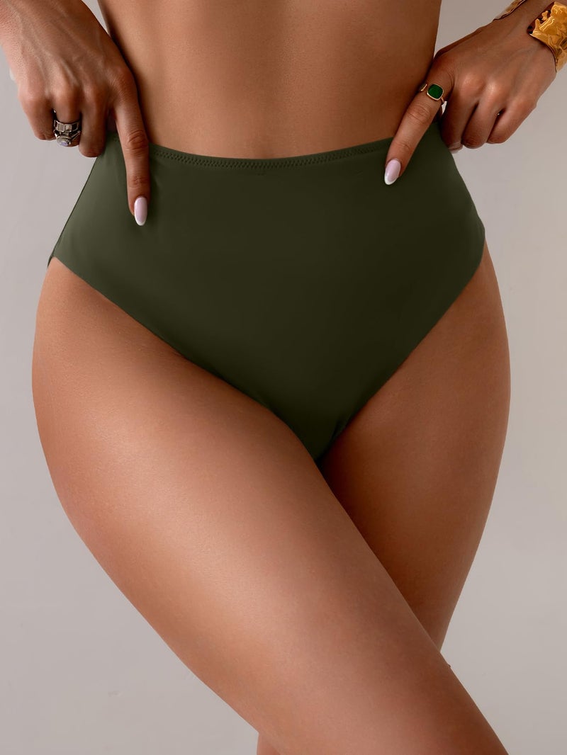 Eomenie Sexy Bikini Bottom for Women Ruched Swim Bottom Cheeky Swimsuit Mid Waisted Tankini Bottoms Only Army Green - Image 4