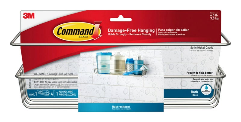 Command BATH31-SN-ES  Heavy Duty Shower  Satin Nickel  1-Caddy  1-Prep Wipe  4-Water-Resistant Strips  Organize Damage-Free  0 - Image 1