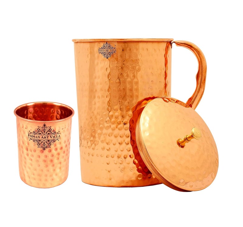 Indian Art Villa Copper Hammered Set of 1 Jug Pitcher 21 Litre with 1 Glass 250 ML Storage Drinking Water Home Hotel Restaurant Tableware Drinkware - Image 1