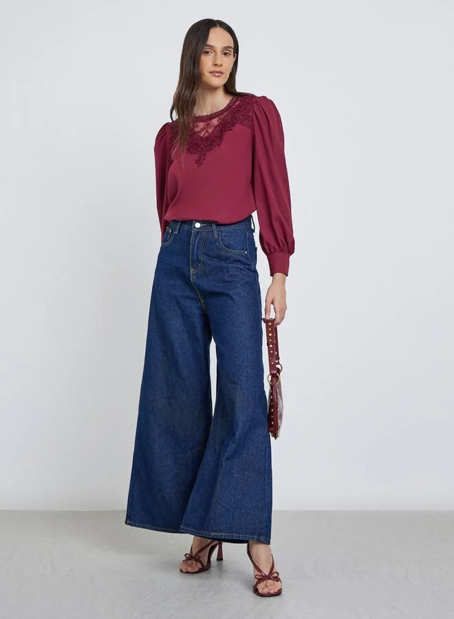 ستايلي Styli Lace Insert Balloon Sleeve Blouse
