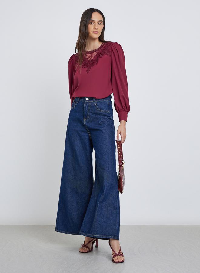 Styli Lace Insert Balloon Sleeve Blouse - Image 2