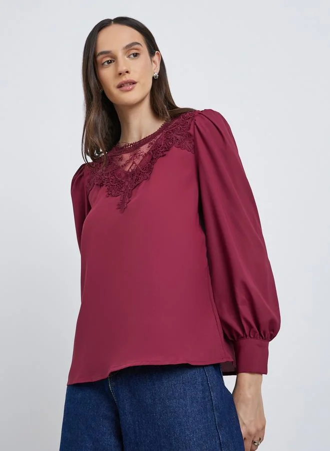 Styli Styli Lace Insert Balloon Sleeve Blouse