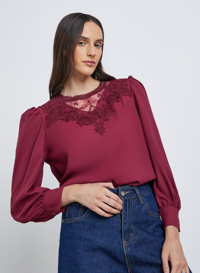 Styli Lace Insert Balloon Sleeve Blouse - Image 1