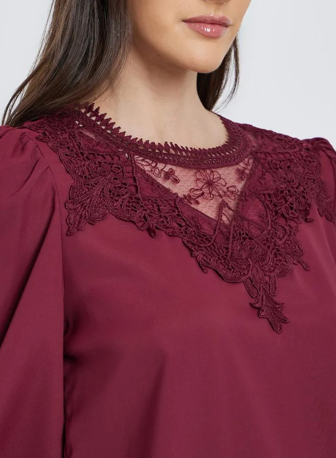 Styli Styli Lace Insert Balloon Sleeve Blouse