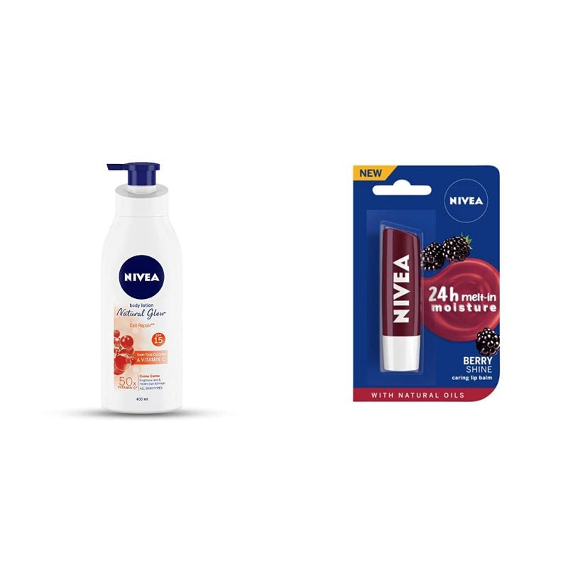 Nivea لوشن الجسم نيفيا للتفتيح الإضافي وإصلاح الخلايا SPF 15 لجميع أنواع البشرة 400 مل بلسم الشفاه فواكه التوت الأسود اللامع 48 جرام - Image 1
